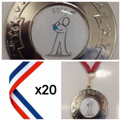20 x 50mm Silver Golf Medals Red White Blue Ribbon