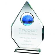 Clear Glass Diamond Plaque Blue Globe Trophy (15mm Thick) 9in