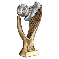 Bronze/Pewter/Gold Football And Boot In Net Holder Trophy (1in Centre) - 12in