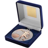 Blue Velvet Box And 70mm Football Medal Trophy Matt Silver/Bronze - 4in - 102mm