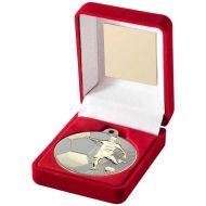 Red Velvet Box And 50mm Football Medal Trophy Matt Silver/Gold - 3.5in - 89mm
