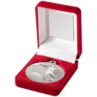 Red Velvet Box And 50mm Football Medal Trophy Matt Silver/Silver - 3.5in - 89mm