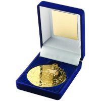 Blue Velvet Box Medal Football Trophy Gold 3.5in