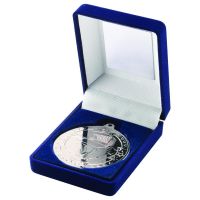 Blue Velvet Box Medal Football Trophy Silver 3.5in
