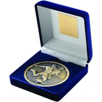 Blue Velvet Box Medal Football Trophy Antique Gold 4in