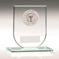Jade Glass Shield Plaque Silver Round Metal Trim Trophy 5.25