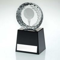 Clear Glass Golf Circle With Image On Black Plinth And Plate - 4.25in - 108mm