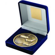 Blue Velvet Box Medallion Golf Trophy Antique Gold 4in