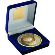 Blue Velvet Box Medal Golf Trophy Antique Gold Longest Drive 4in