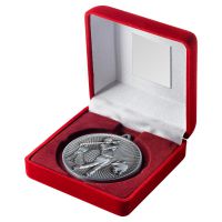 Red Velvet Box And 60mm Medal Golf Trophy Antique Silver 4in