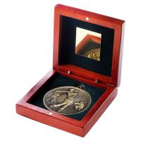 Rosewood Box And 60mm Medal Golf Trophy Antique Gold 4.25in