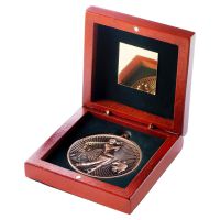 Rosewood Box And 60mm Medal Golf Trophy Bronze 4.25in