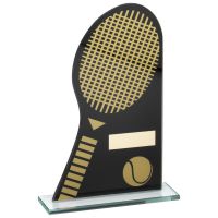 Black|Gold Printed Glass Plaque With Tennis Racket|Ball Trophy - 7.25in