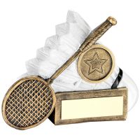 Bronze White Badminton Shuttlecock And Racket Chunky Flatback Trophy Award