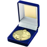 Blue Velvet Box And 50mm Medal Badminton Trophy Gold 3.5in : New 2019