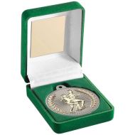 Green Velvet Box And 50mm Running Medal Trophy Matt Silver/Gold - 3.5in - 89mm