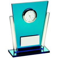 Blue/Clear Glass Tapered Rectangle Clock Trophy 5.25in