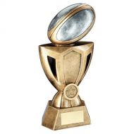 Bronze-Pewter-Gold Rugby Ball On Cup Riser With Plate - 6in : New 2022