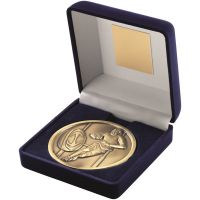 Blue Velvet Box Medal Rugby Trophy Antique Gold 4in