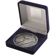 Blue Velvet Box Medal Rugby Trophy Antique Silver 4in
