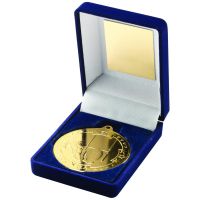 Blue Velvet Box Medal Rugby Trophy Gold 3.5in