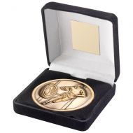 Black Velvet Box And 70mm Medallion Rugby Trophy - Antique Gold - 4in