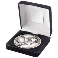 Black Velvet Box And 70mm Medallion Rugby Trophy - Antique Silver - 4in