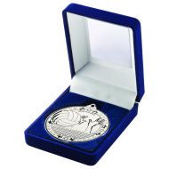 Blue Velvet Box And 50mm Medal Volleyball Trophy Silver 3.5in : New 2019