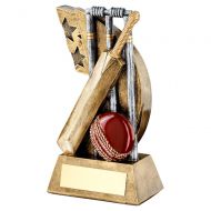 Bronze Pewter Red Cricket Stumps Bat Ball On Star Swoosh Trophy 5.25in : New 2019