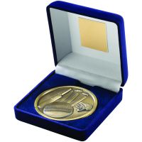 Blue Velvet Box Medal Cricket Trophy Antique Gold 4in