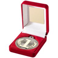 Red Velvet Box And 50mm Medal Trophy Matt Silver/Gold 1st - 3.5in - 89mm