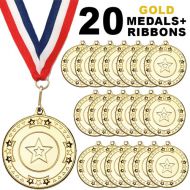 Pack 20 x 50mm Junior Sports Gold Medals with Red White and Blue Ribbons Kids Party