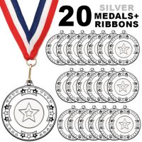 Pack 20 x 50mm Junior Sports Silver Medals with Red White and Blue Ribbons Kids Party