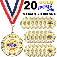 Pack 20 x 50mm Sports Day Gold Metal Medals with Red White and Blue Ribbons Children
