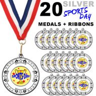 Pack 20 x 50mm Sports Day Silver Metal Medals with Red White and Blue Ribbons Children