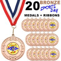 Pack 20 x 50mm Sports Day Bronze Metal Medals with Red White and Blue Ribbons Children