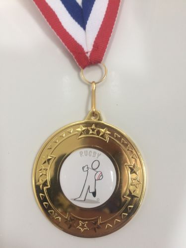 20 x 50mm Gold Rugby Medals Red White Blue Ribbon